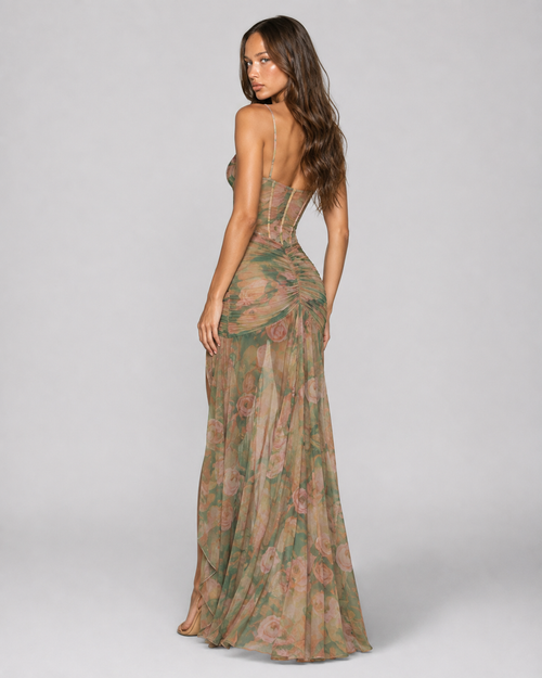 Calista Floral Mesh Slit Maxi Dress